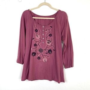Garnet Hill Women Size M Floral Embroidered Shirt Cotton Button Boho Long Sleeve